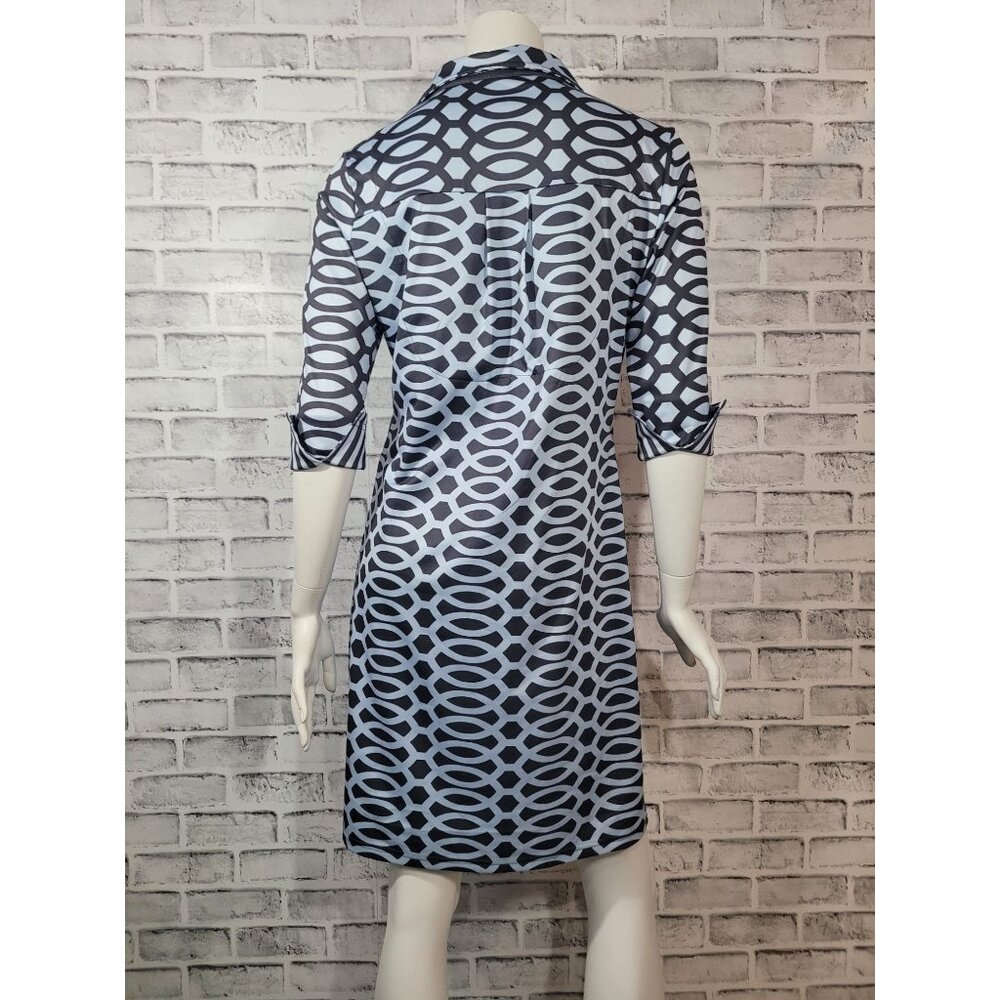 Gretchen Scott Collared Geometric Gray Blue Contract 3/4 Sleeve Dress Size Med - Picture 2 of 8
